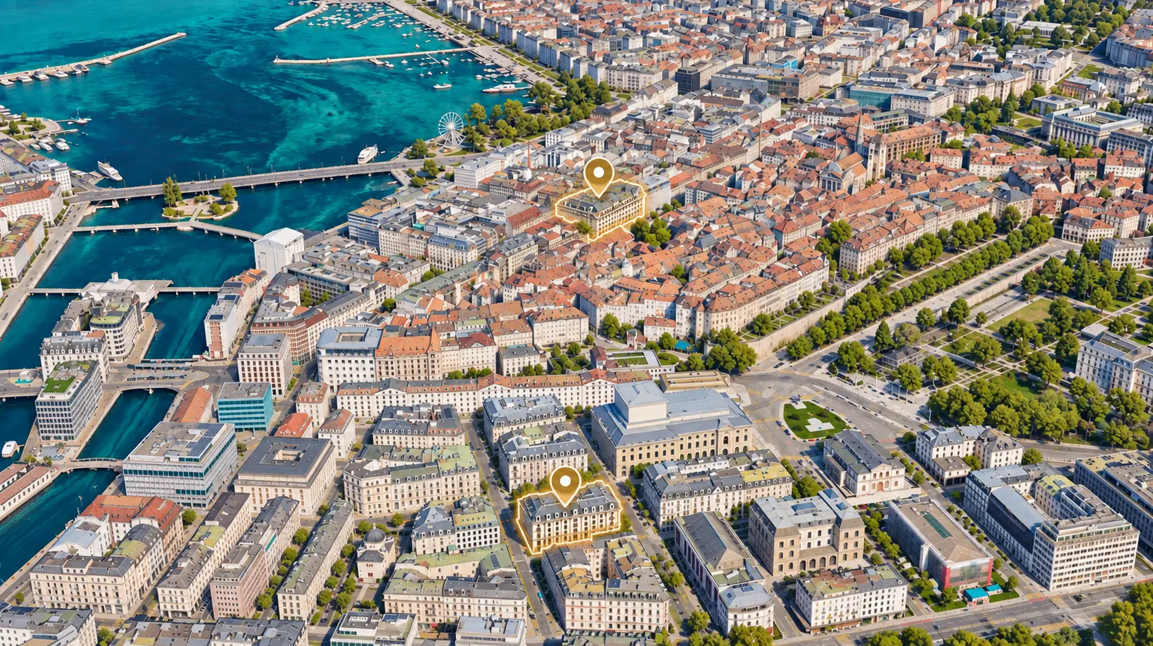 Vue aérienne de Genève et de deux adresses privilégiées identifiées au cœur de la ville