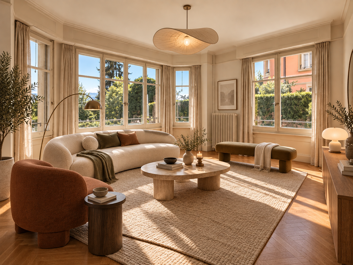 Intérieur résidentiel valorisé par la lumière et les matériaux