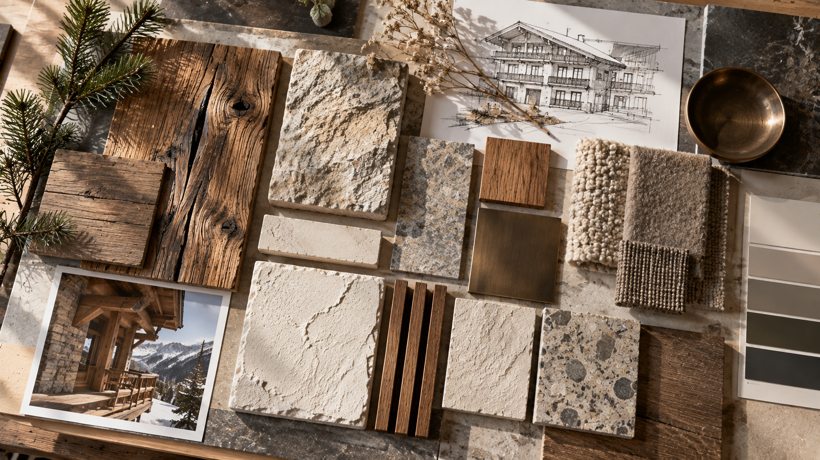 Planche de matériaux : bois vieilli, pierre naturelle, bronze, textiles et esquisse architecturale